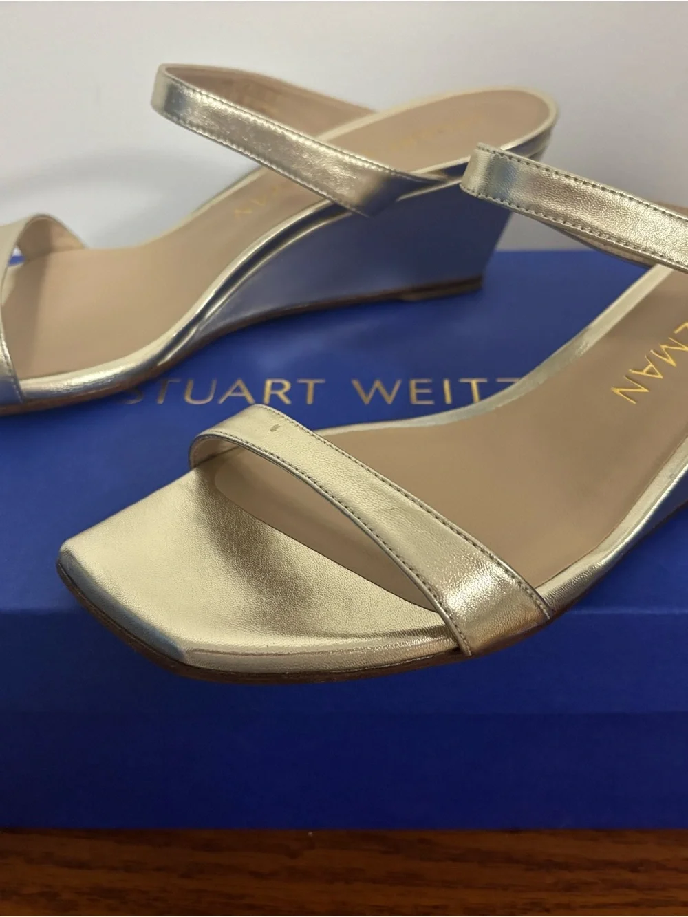 Stuart Weitzman Metallic Gold Wedge Slingback Sandals